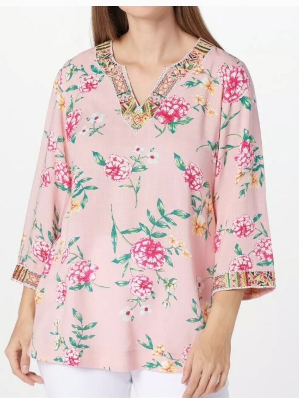Belle by Kim Gravel Pink Floral Embroidered V-Neck Tunic